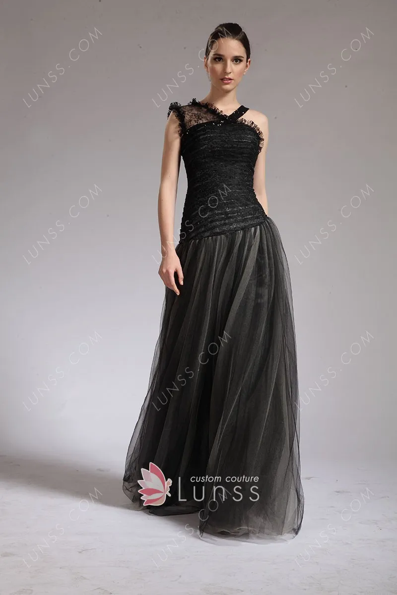 black lace and tulle prom dress