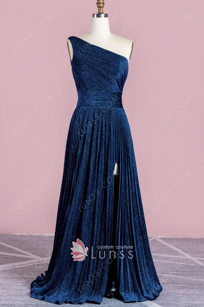 navy glitter one shoulder formal gown