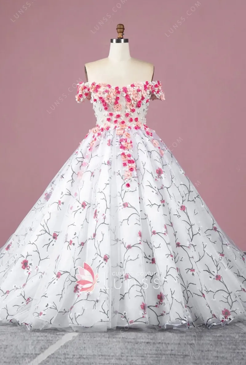 floral printed organza prom ball gown peach pink printed organza ball gown
