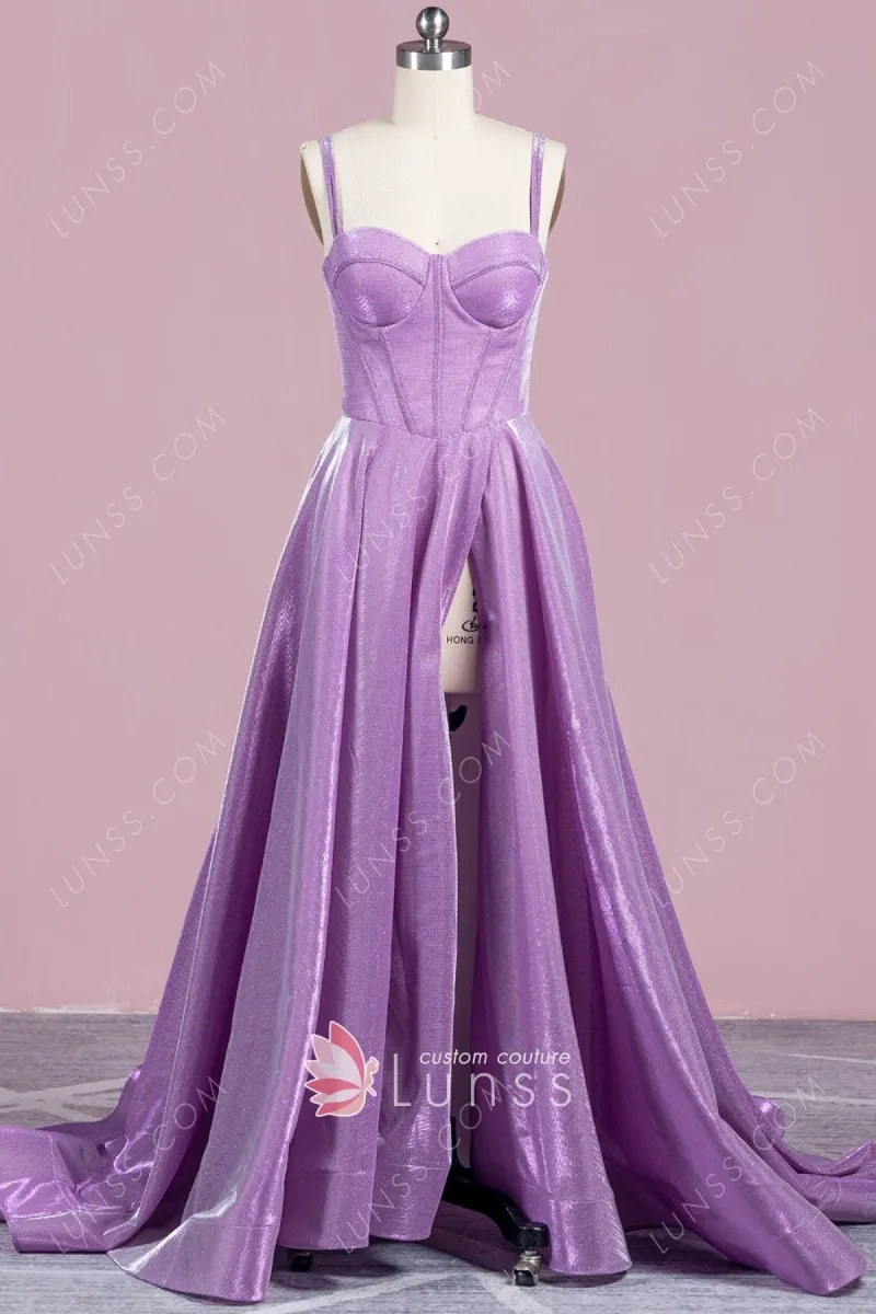 purple lurex fabric prom dress