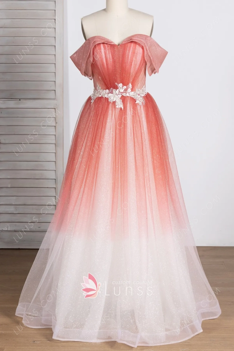 salmon to white ombre tulle long prom dress