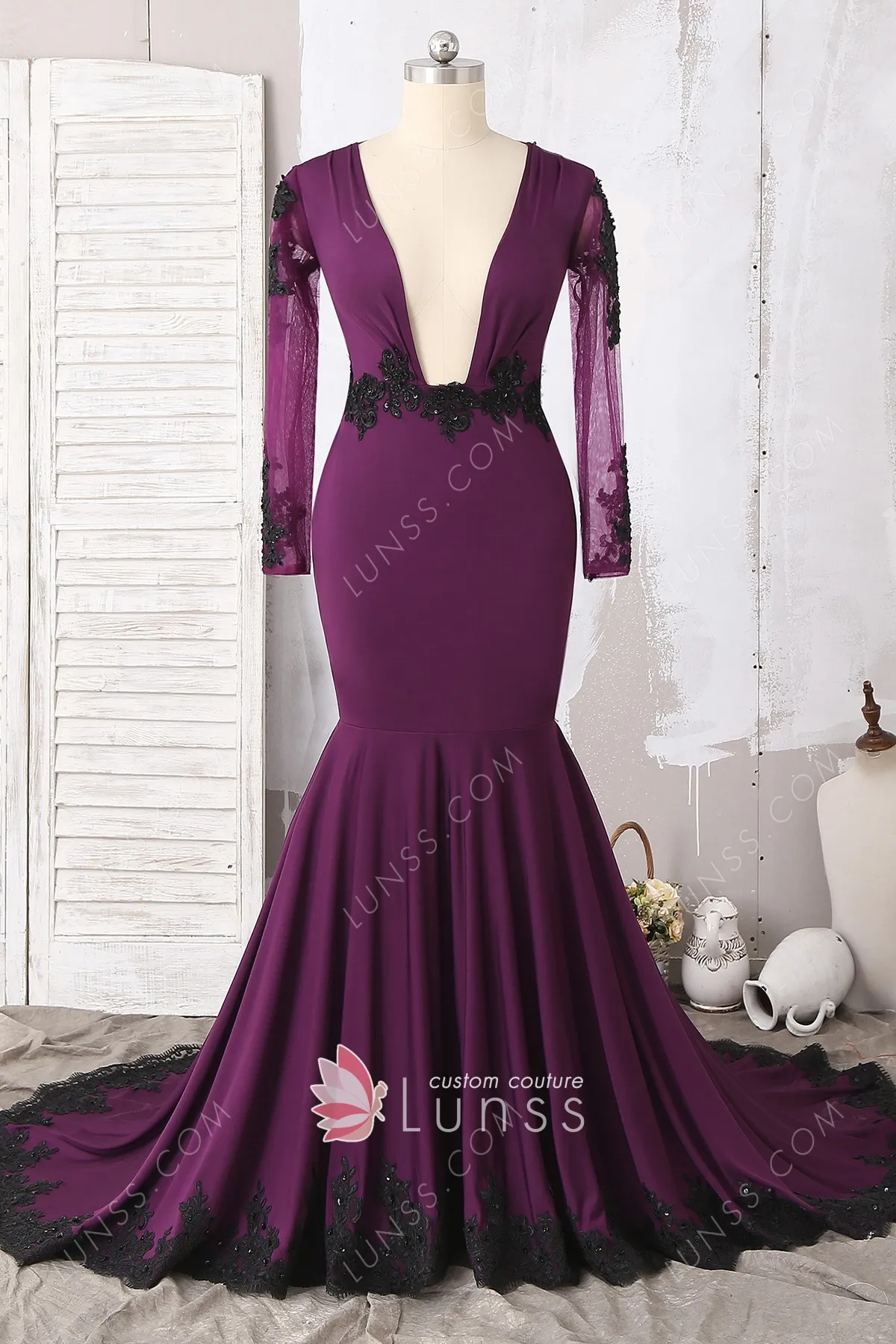 grape jersey prom dress sexy plunging neckline black lace grape jersey prom dress
