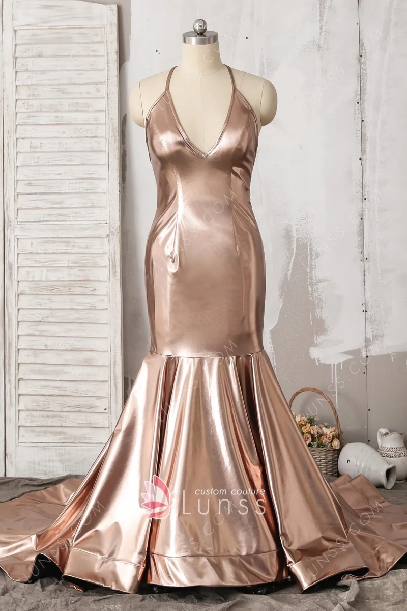 shiny bronze gold stretch lame prom dress