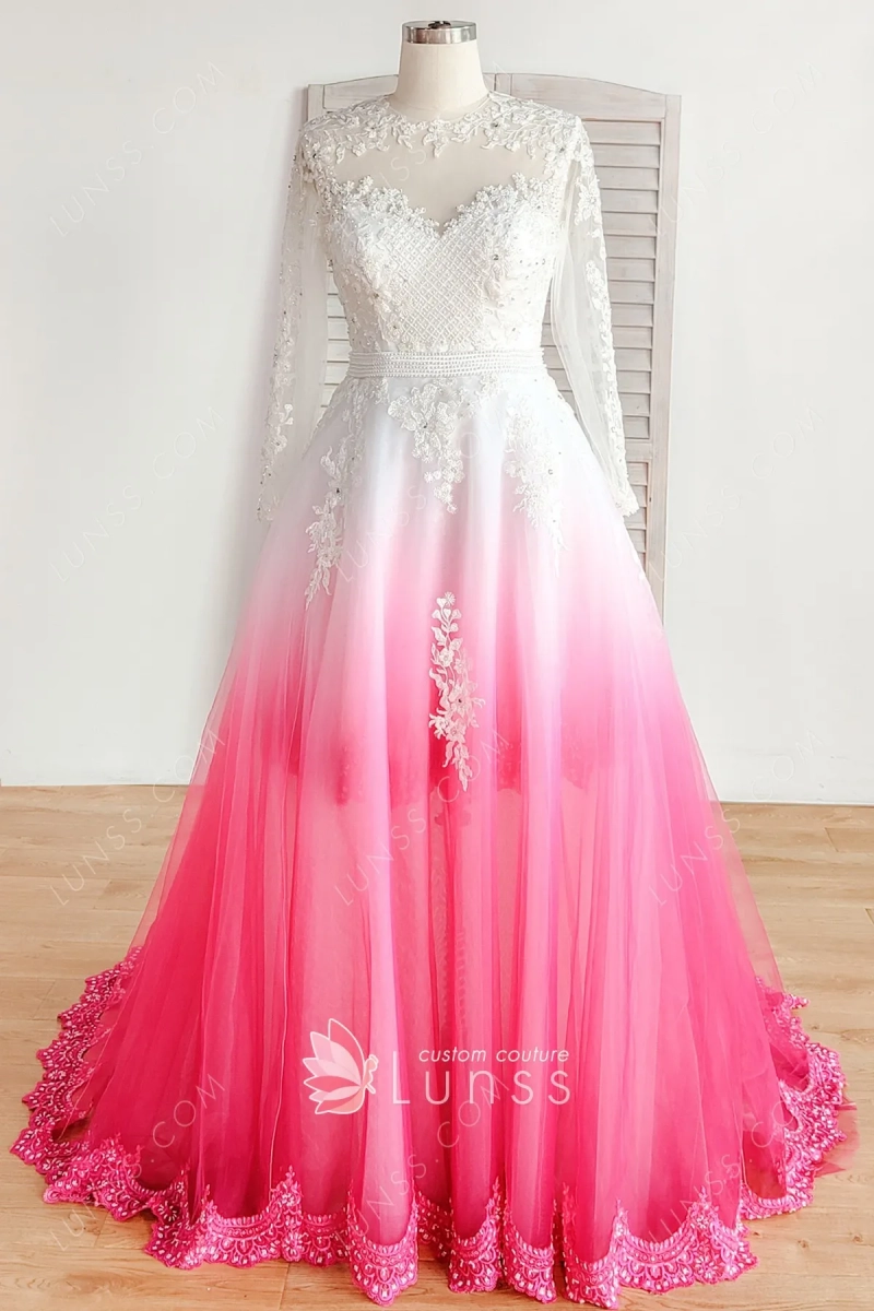 white to fuchsia ombre tulle long sleeve bridal dress