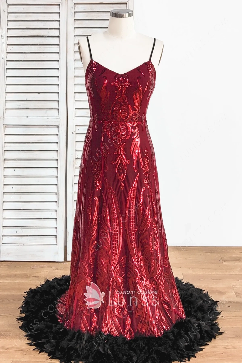 burgundy sequin prom dress with feathers