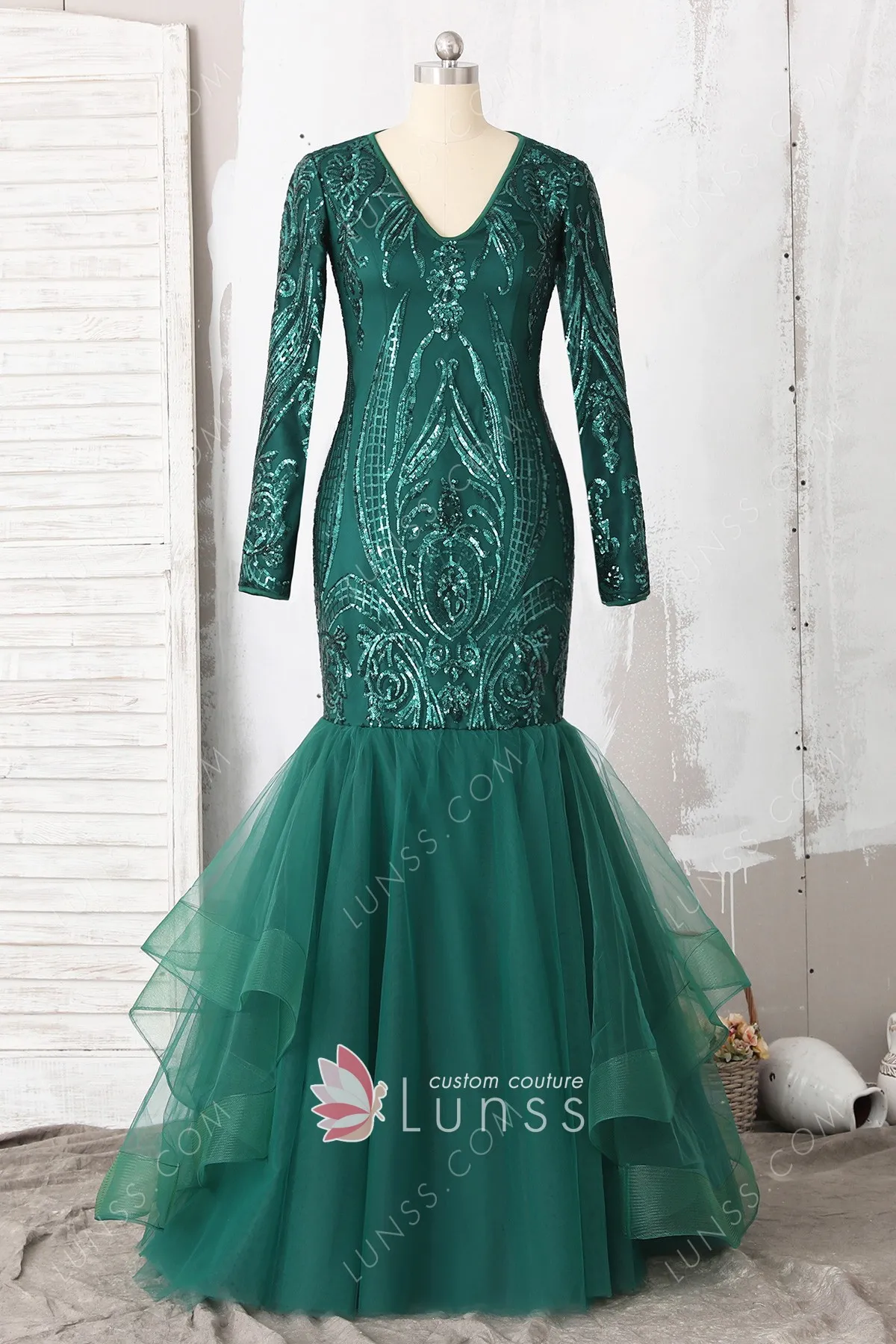 emerald unique sequin long sleeve trumpet tulle prom gown