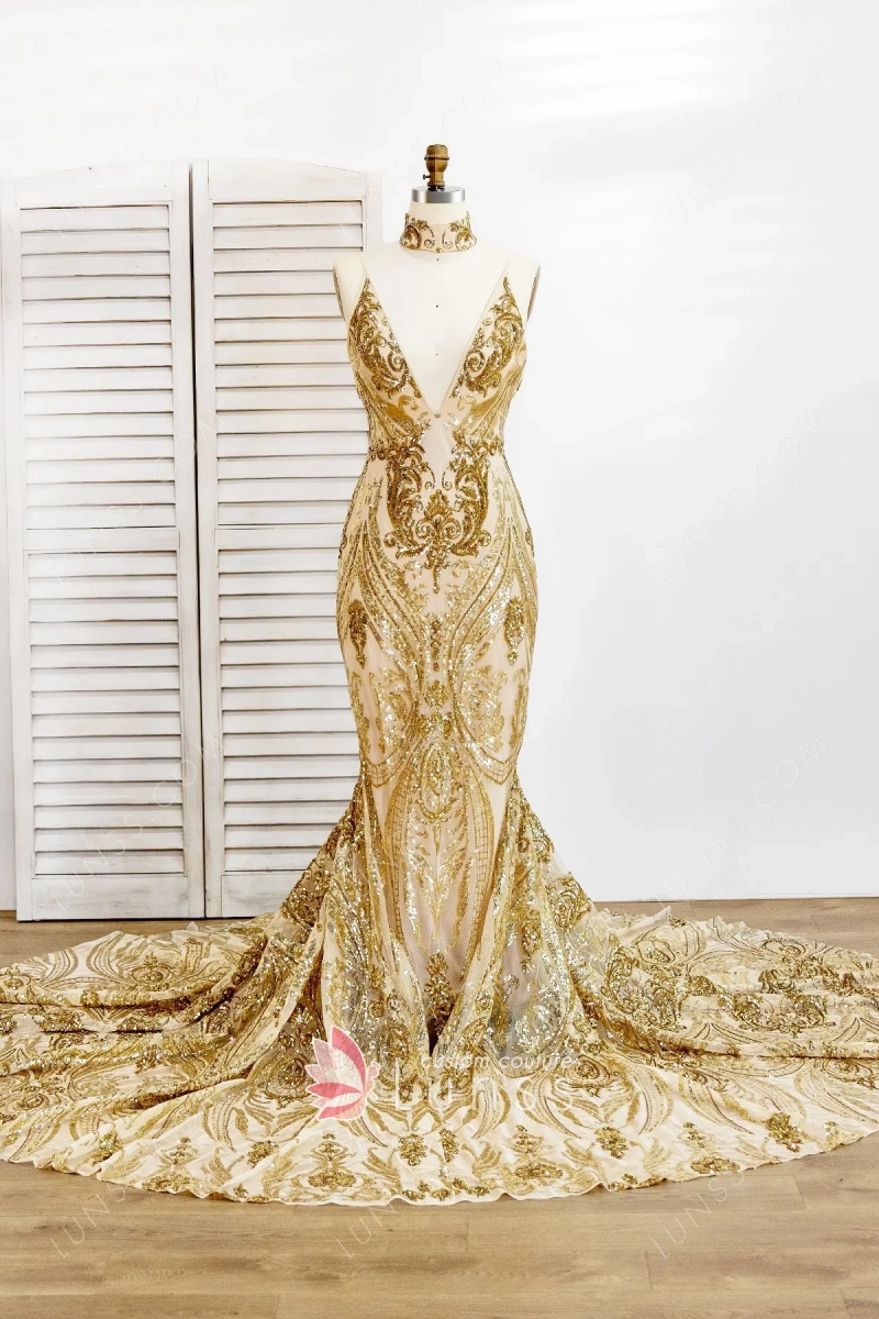 gold sequin mermaid prom dress