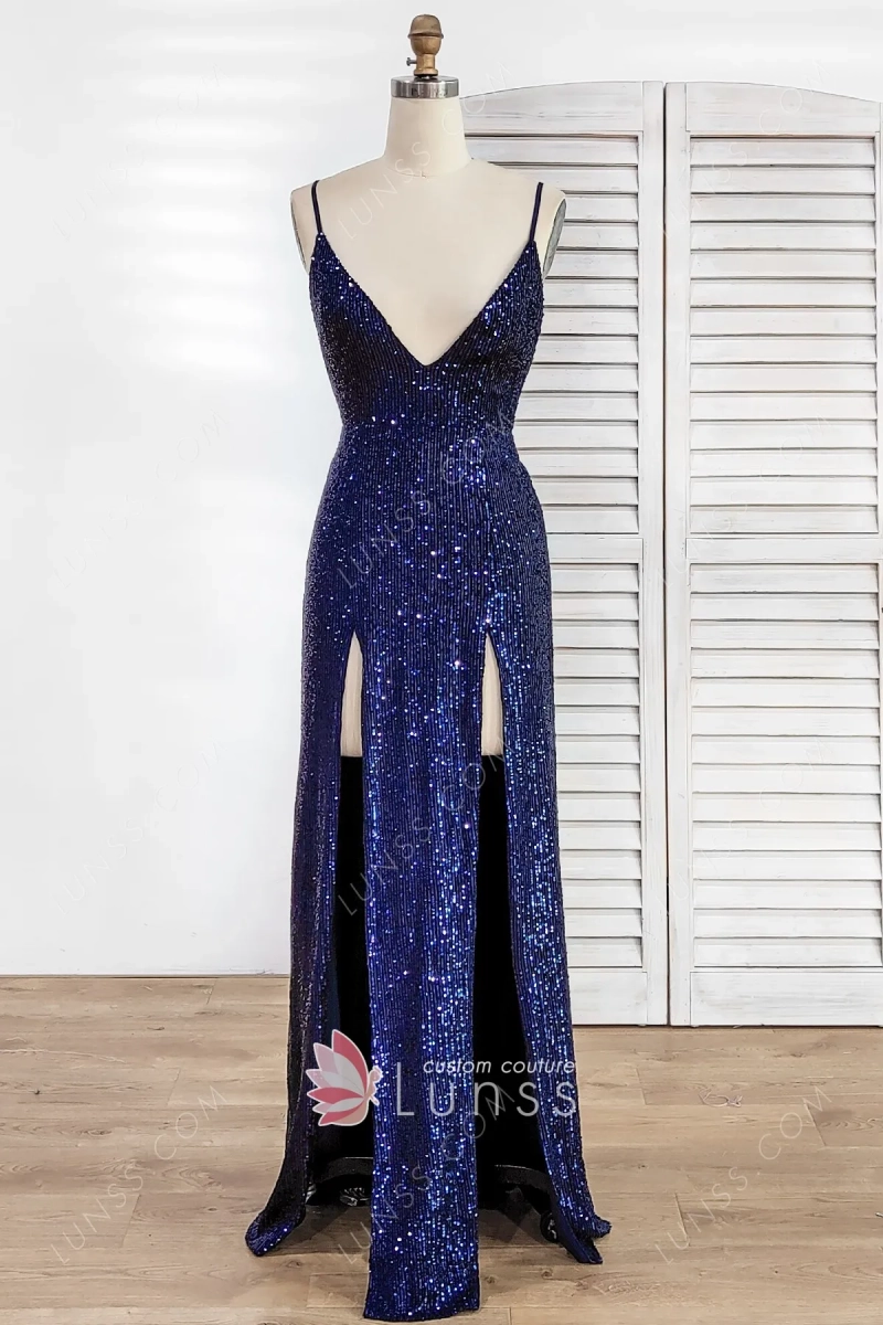 navy blue sequin prom dress
