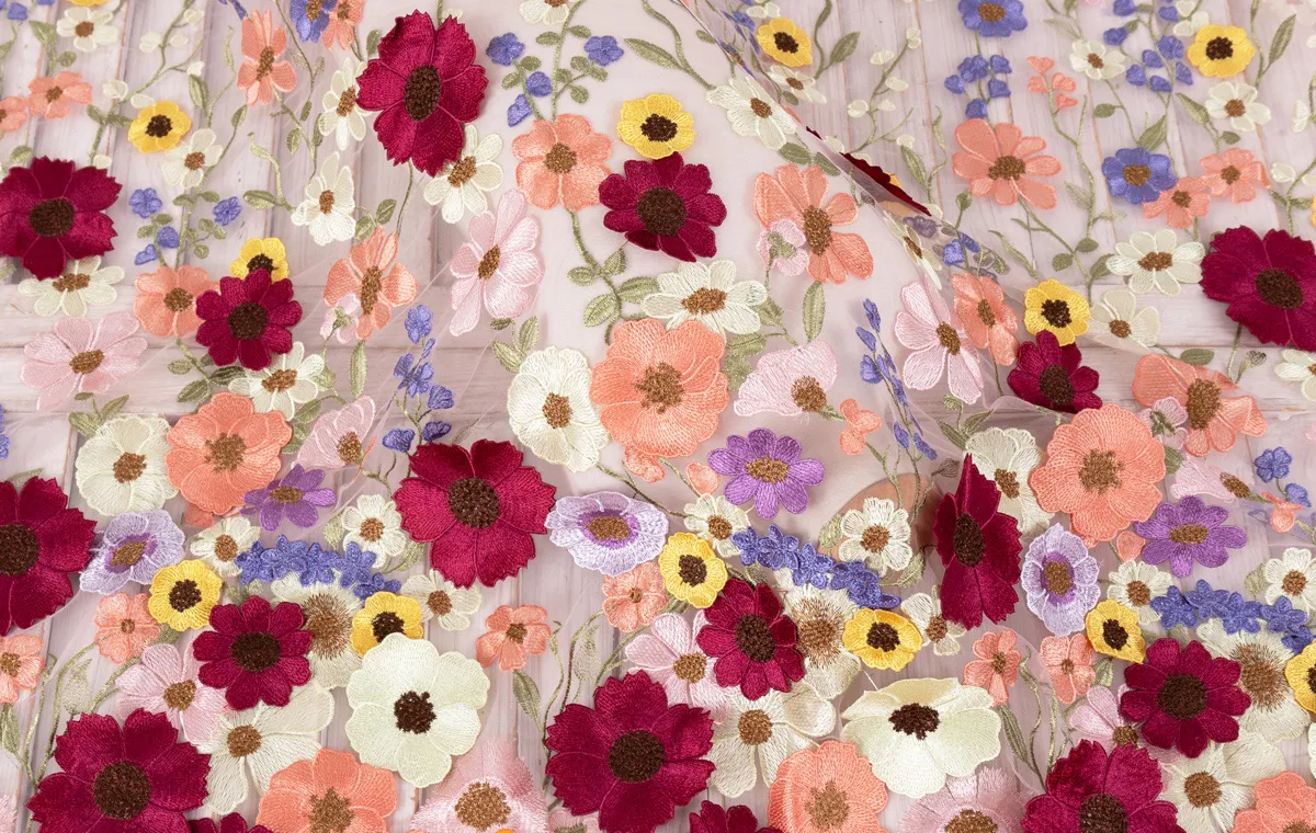 colorful 3D flower embroidery fabric with melanie pink mesh
