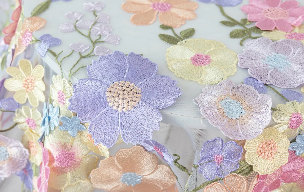 light blue mesh lavender and pink 3D flower embroidery fabric