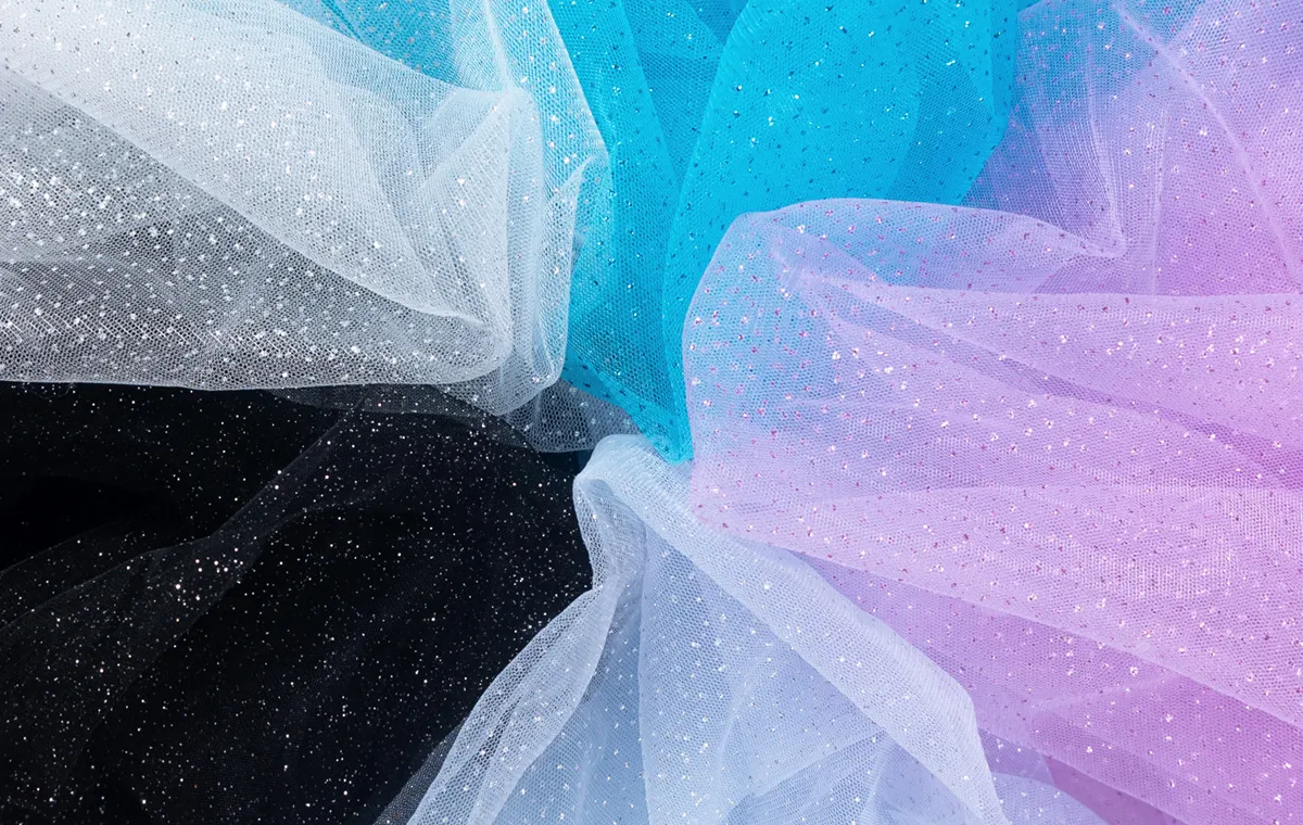 fine glitter glued soft tulle fabric