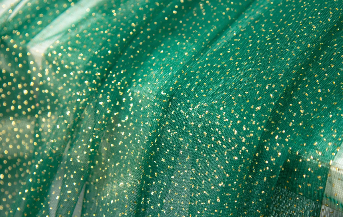 gold glitters glued emerald soft tulle