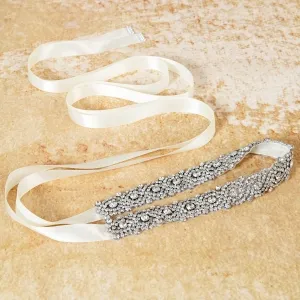 glass rhinestone bridal formal belt with satin ribbon