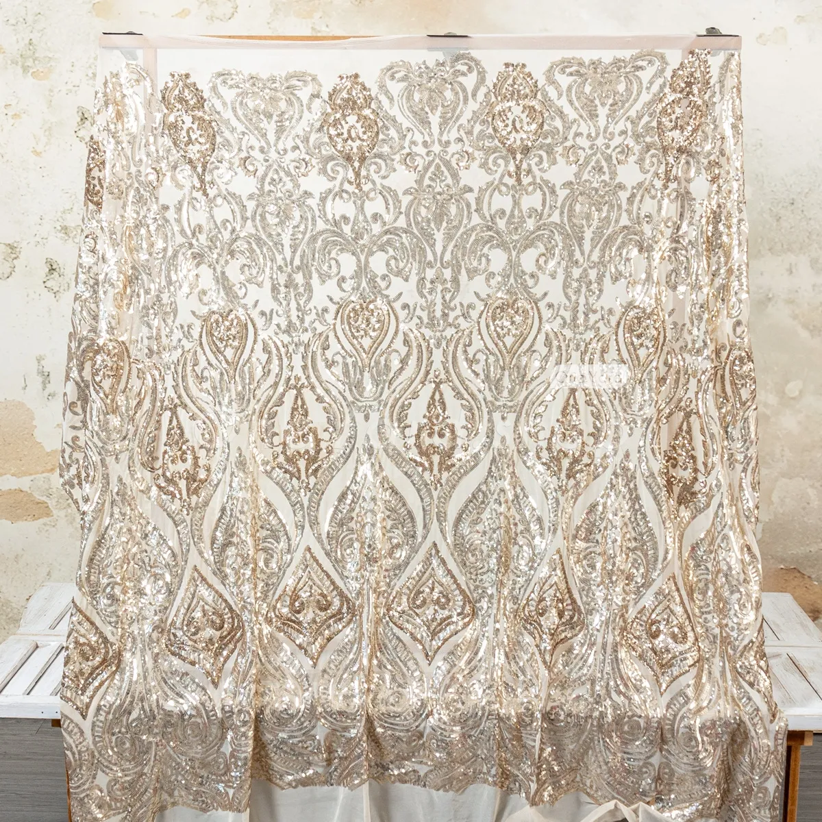 unique Baroque pattern pale gold sequin fabric unique Baroque pattern pale gold sequin fabric