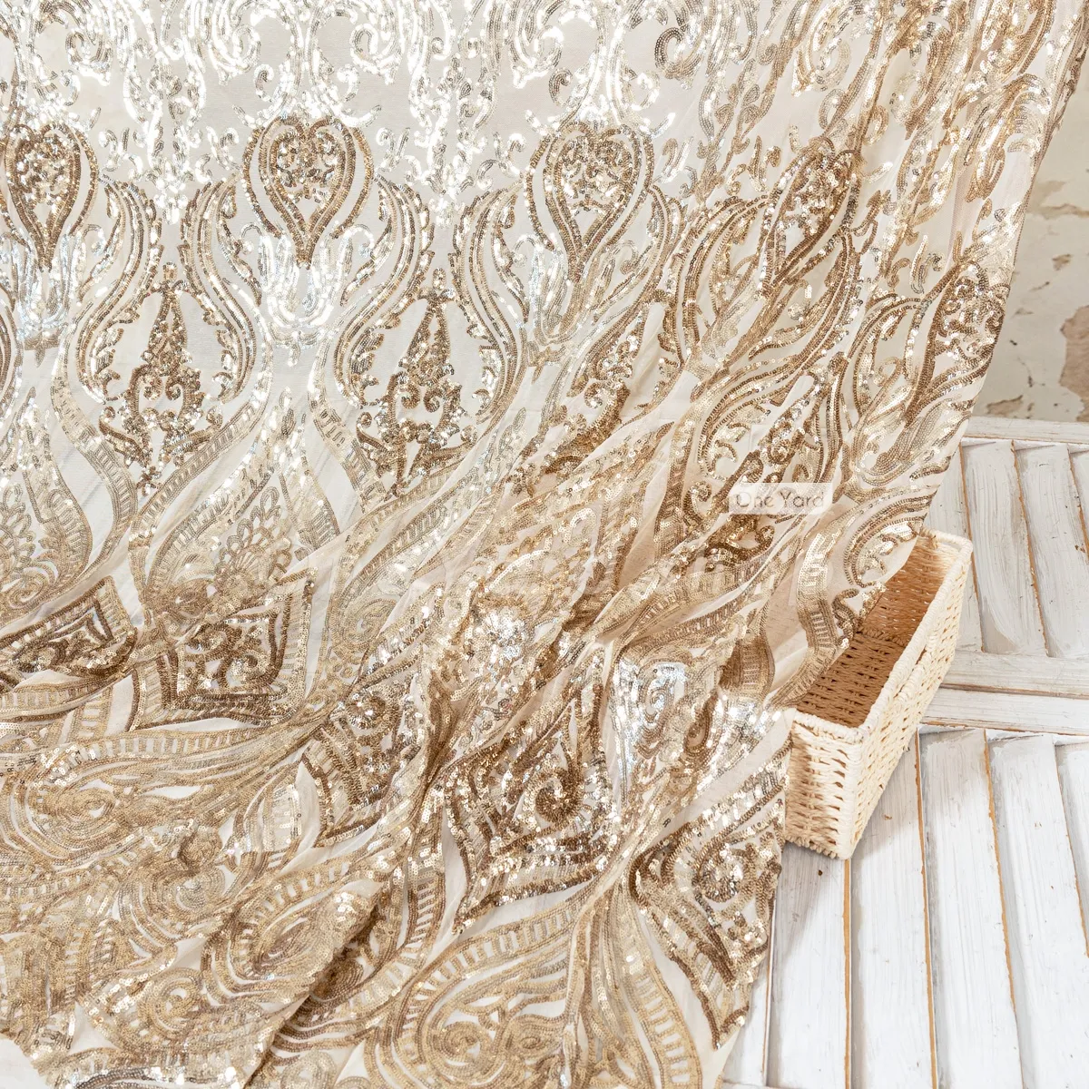 unique Damask inspired pattern pale gold sequin fabric unique Damask inspired pattern pale gold sequin fabric