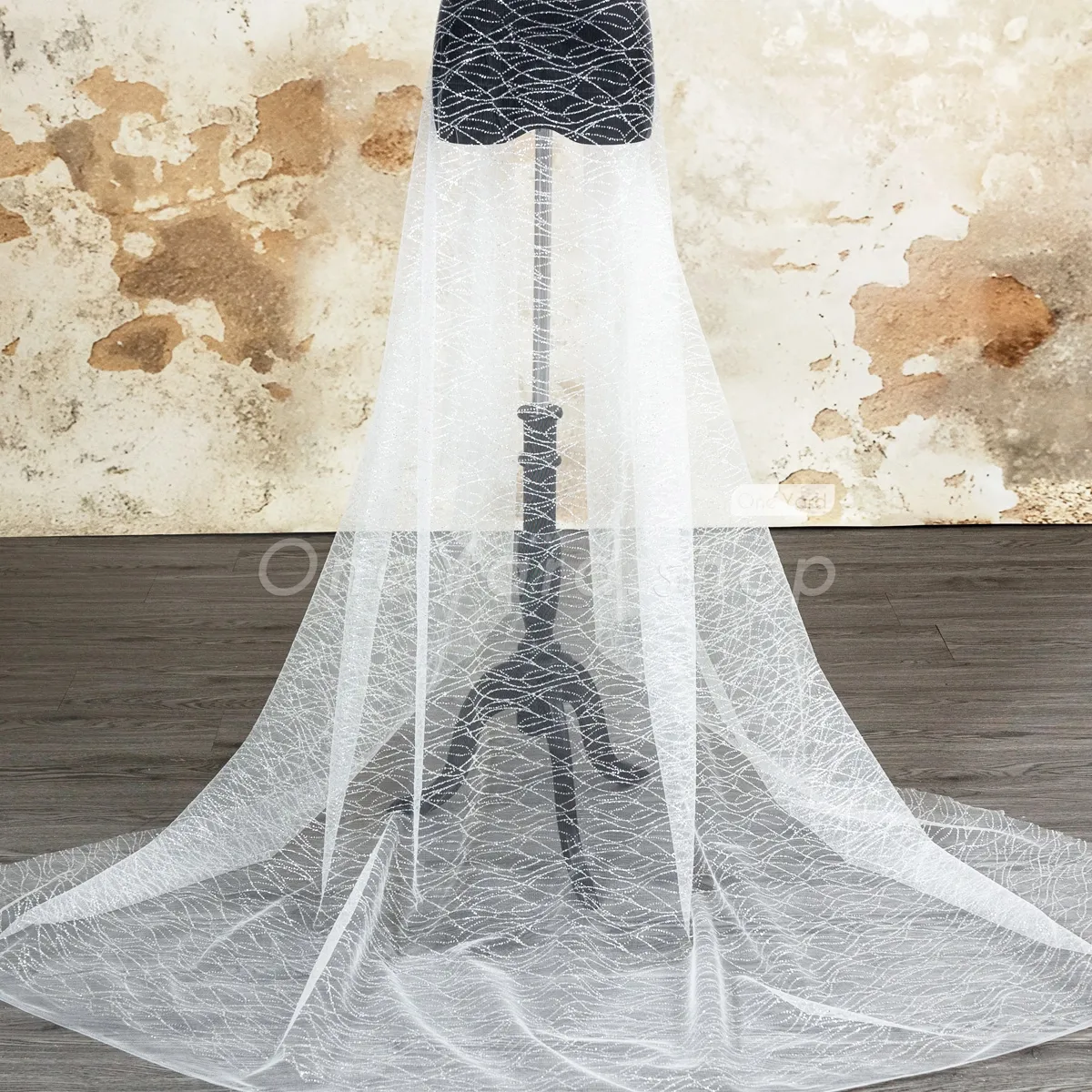 wave pattern silver white glitter glued mesh fabric