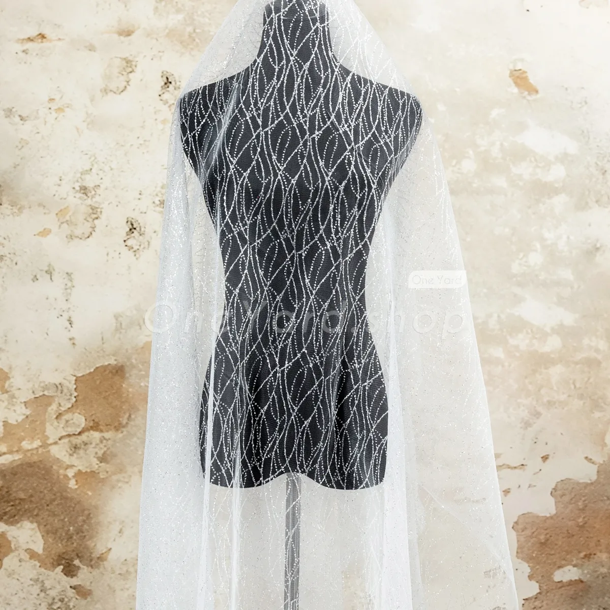 wave pattern silver white glitter mesh material