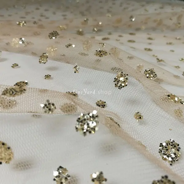 Sparkly Gold Glitter Glued Tulle Fabric by the Yard OneYard