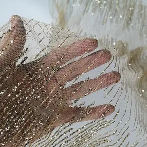 unique champagne gold light stripe sequin glued mesh fabric by the yard