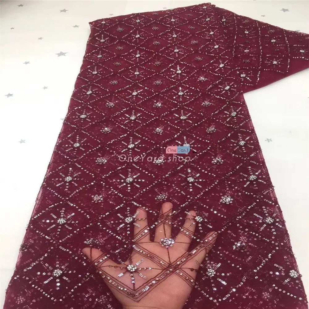 beading sequin embroidered rhombus grid burgundy mesh tulle fabric