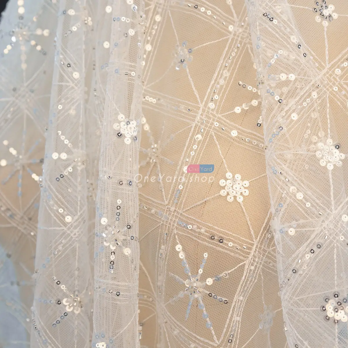 beading sequin embroidered rhombus grid tulle mesh fabric for making formal dresses