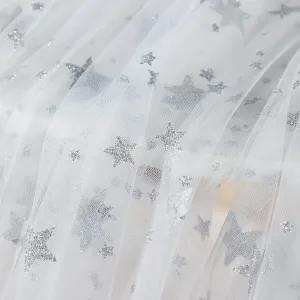 silver glitter stars glued mesh tulle fabric
