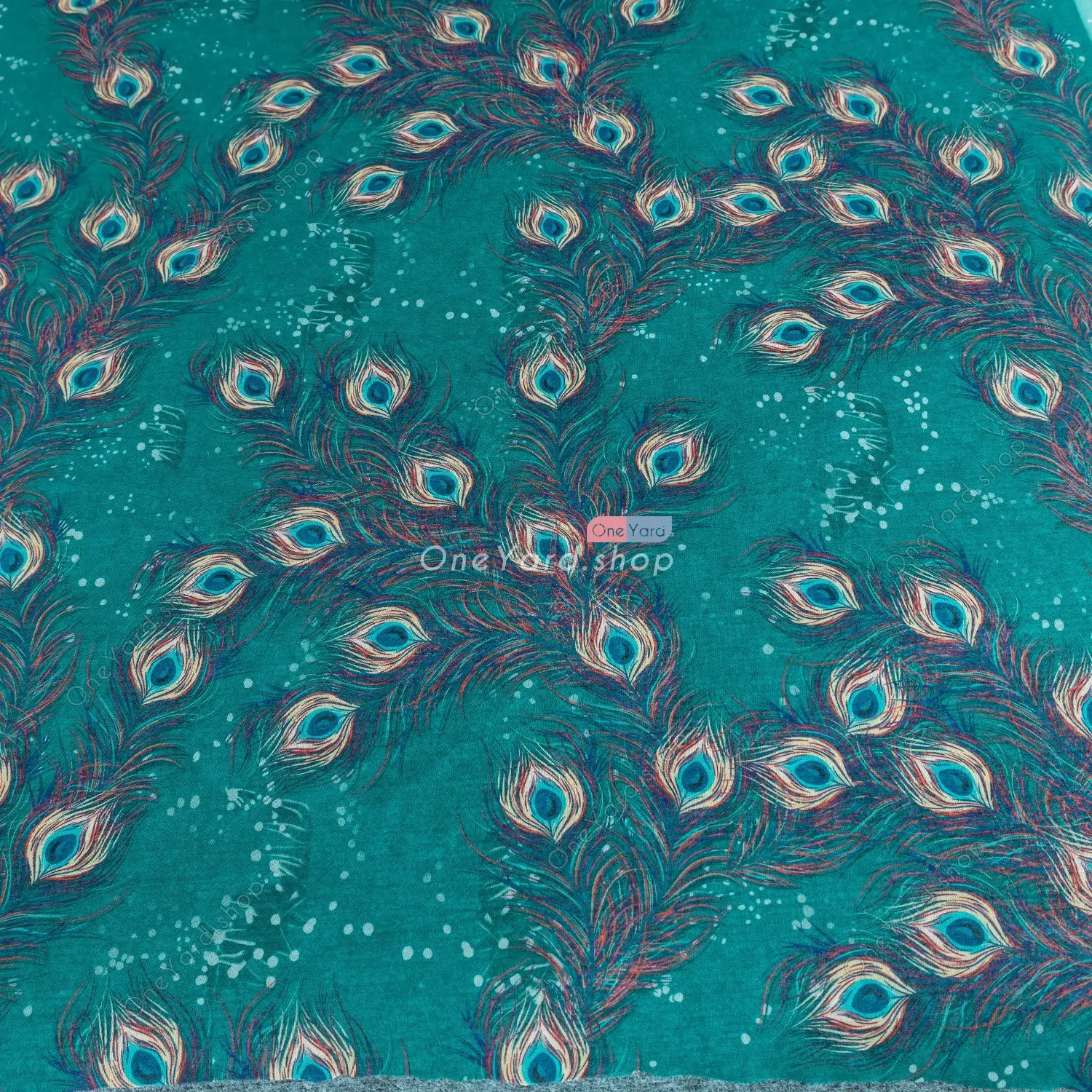 Peacock Feathers Print Stretch Mesh Fabric by the Yard OneYard