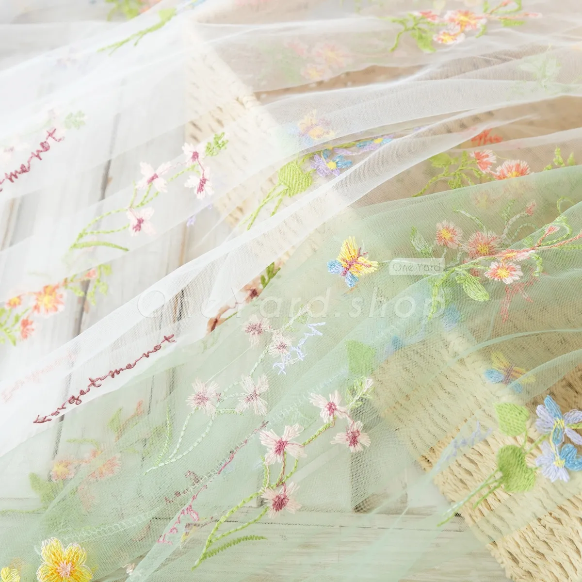 Spring Flowers & Butterflies Embroidered Tulle Fabric OneYard