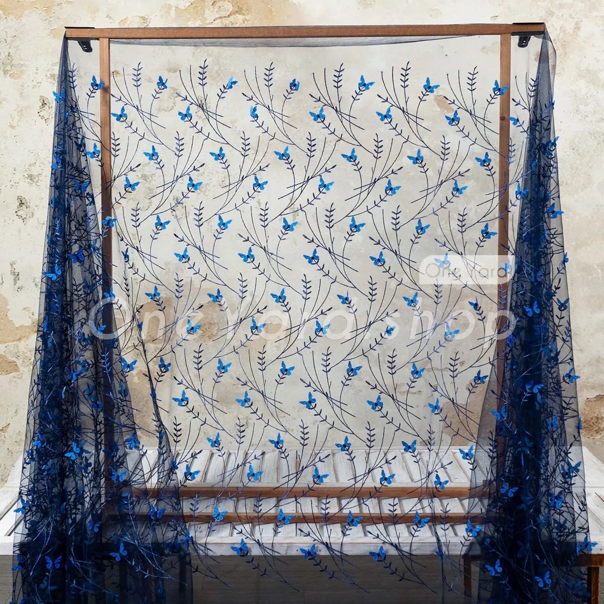 navy 3D butterfly embroidery lace fabric navy 3D butterfly embroidery lace fabric