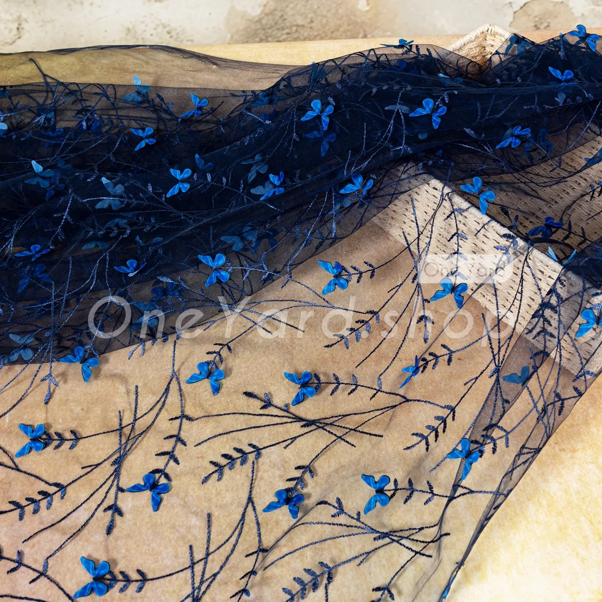 navy blue 3D butterfly embellished vine leaf embroidery navy blue 3D butterfly embellished vine leaf embroidery