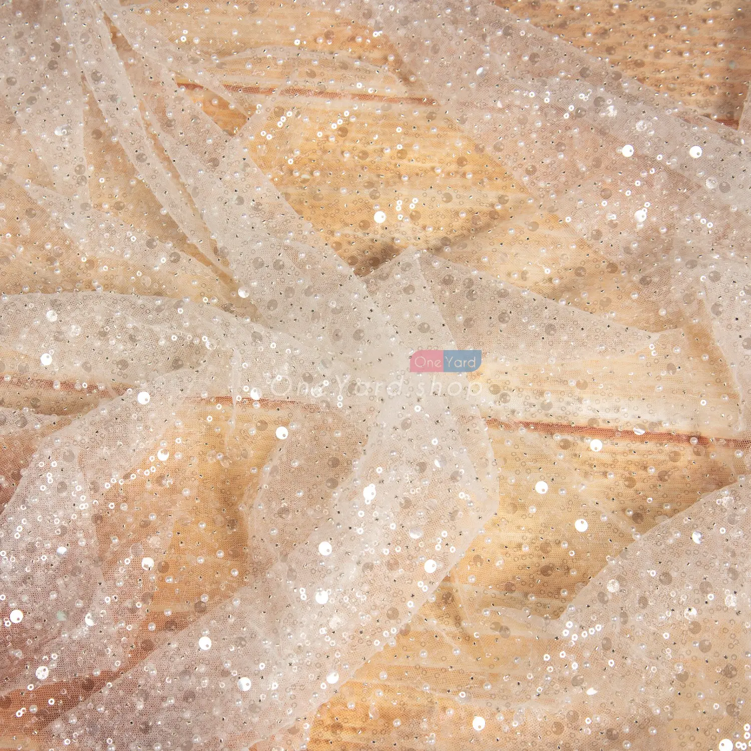 Dazzling Beadings, Sequins and Pearls Glitter Fabric - OneYard