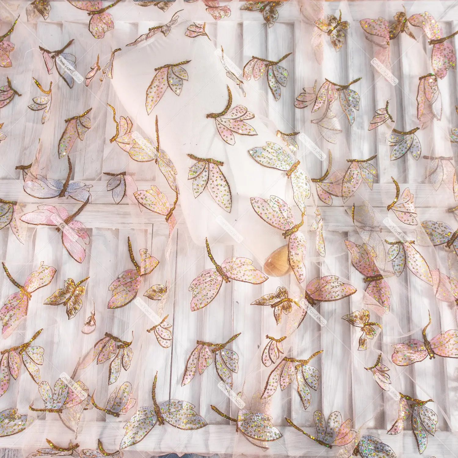 Dazzling Sequinned Dragonfly Embroidery Mesh Fabric OneYard