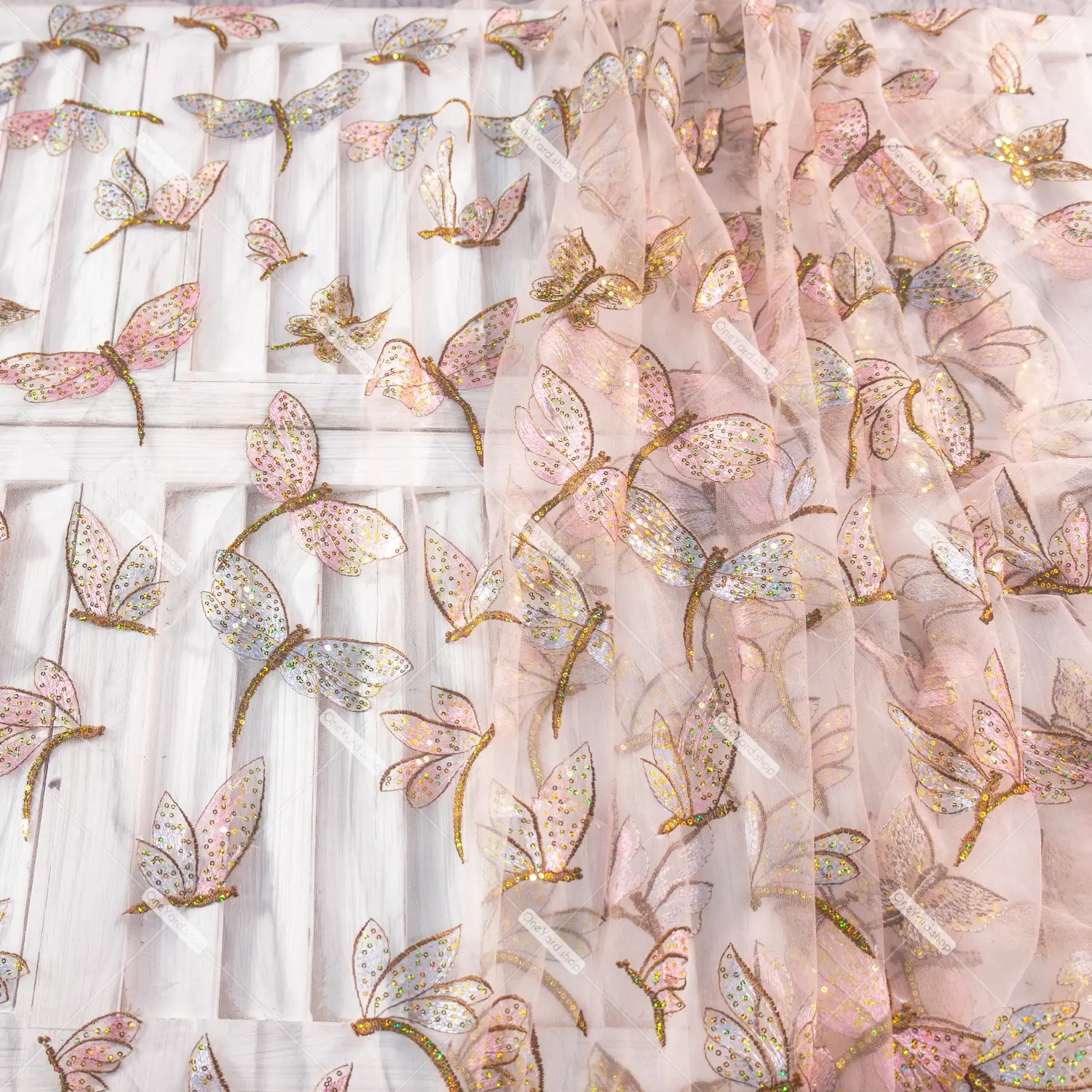 Dazzling Sequinned Dragonfly Embroidery Mesh Fabric OneYard