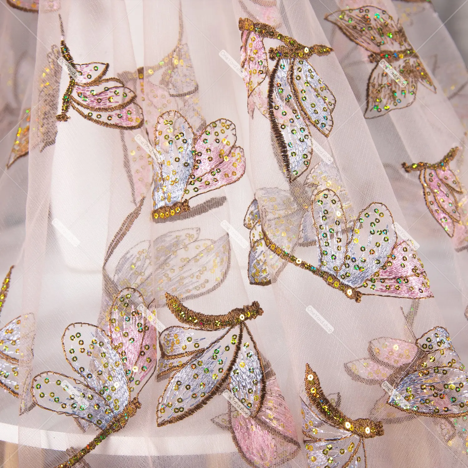 Dazzling Sequinned Dragonfly Embroidery Mesh Fabric OneYard