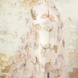 Dragonfly Sequin Embroidered Peach Pink Tulle Fabric