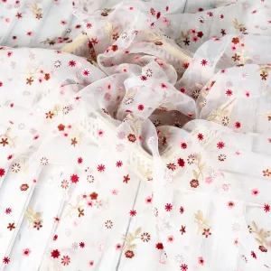 small red flowers embroidery ivory organza fabric
