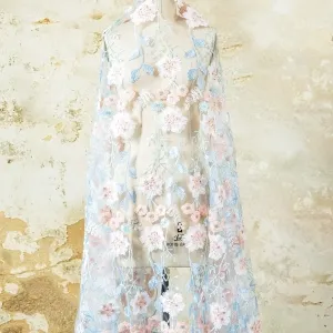 pastel blue and blush floral embroidery tulle lace fabric