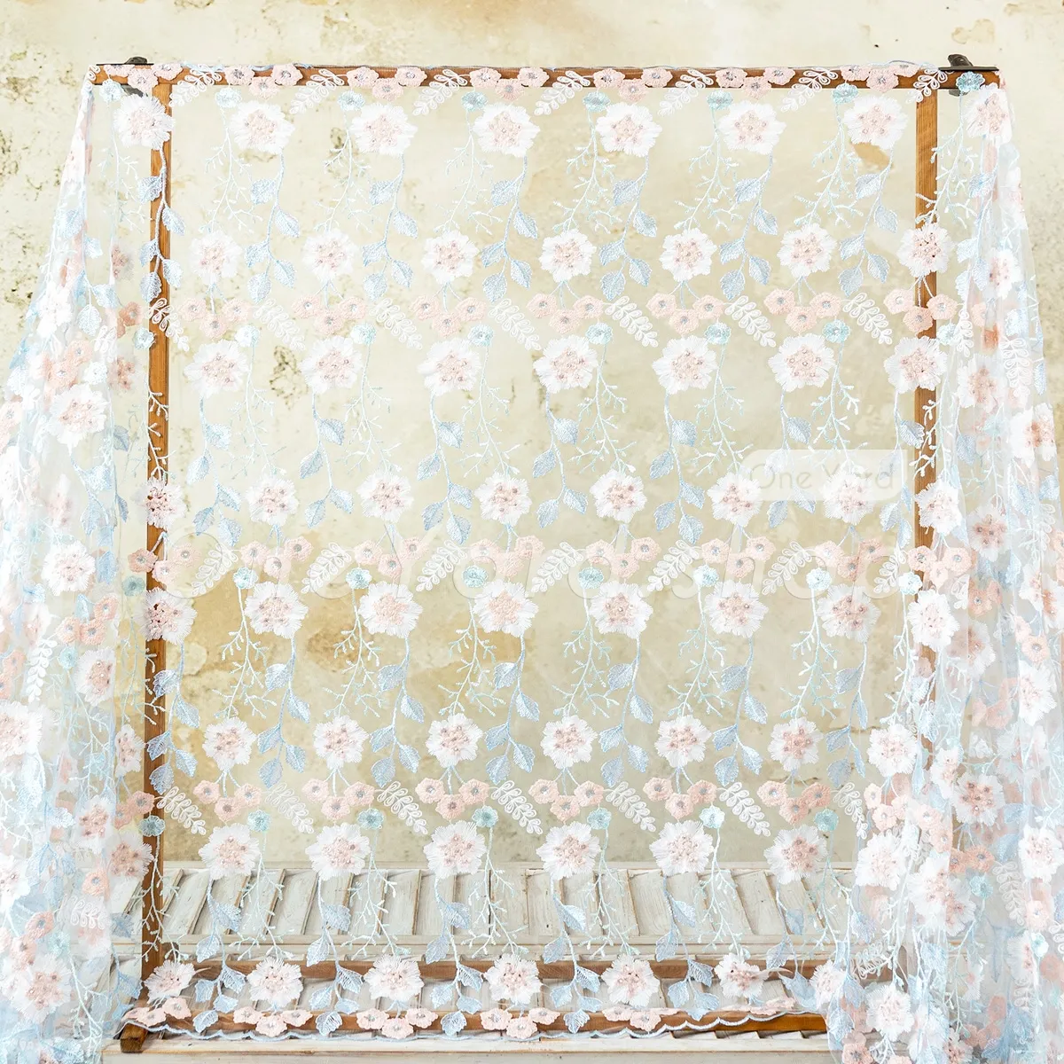pastel blue and blush flower vine lace fabric pastel blue and blush flower vine lace fabric