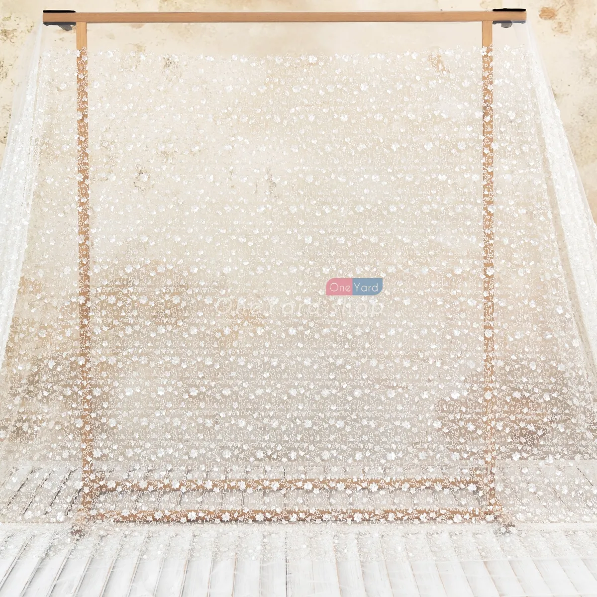 off white sequins and clear tube beads heavy lace fabric