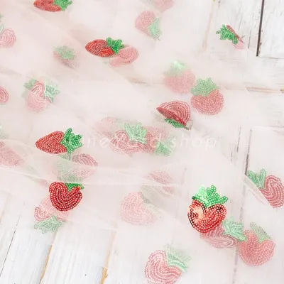 Red Sequin Sweet Strawberry on Mesh Fabric by the Yard - OneYard