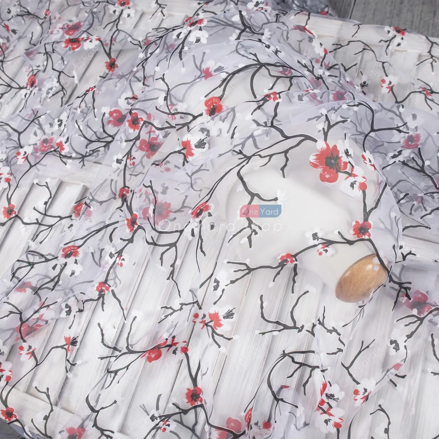 plum blossom print sheer organza fabric