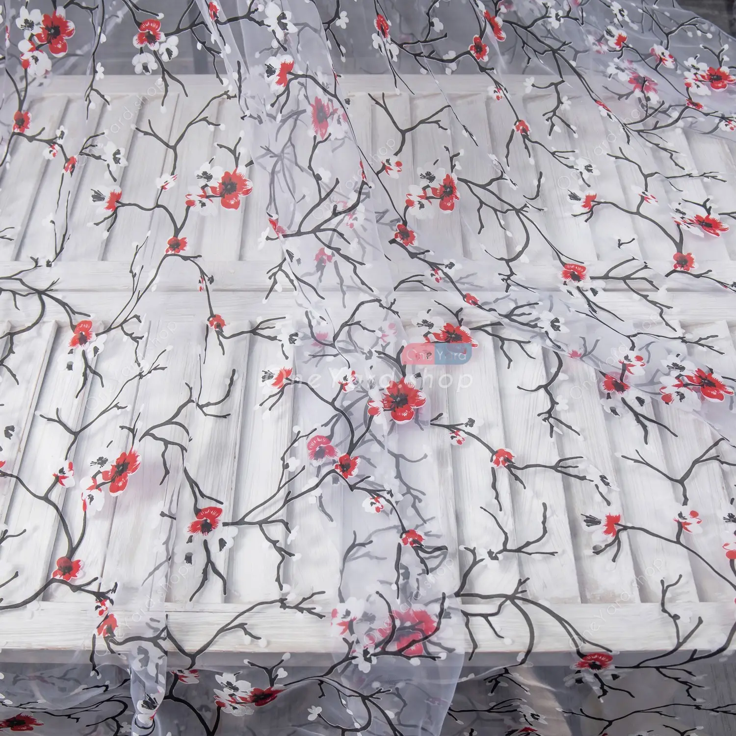 plum blossom printed sheer organza fabric for sale by the yard