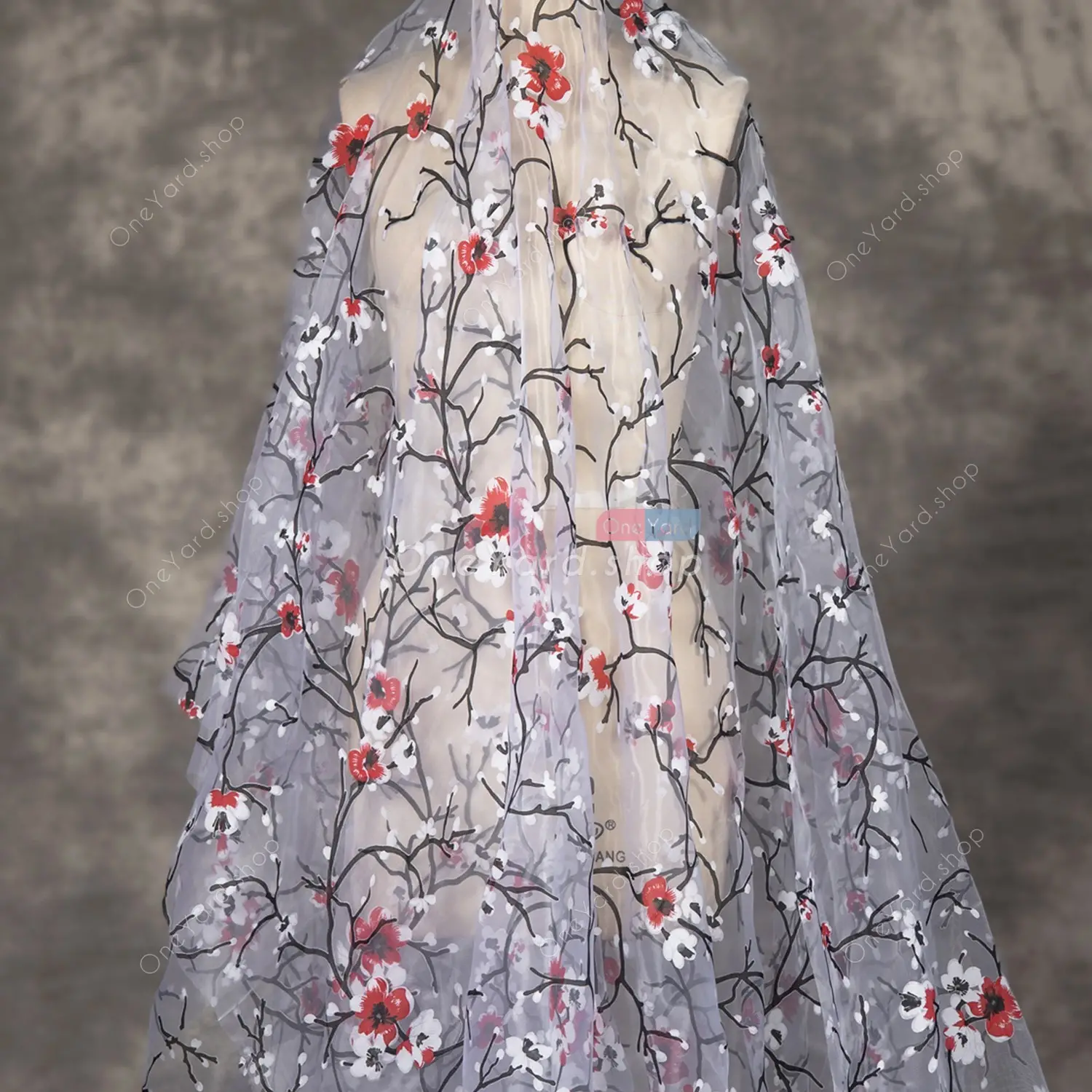 plum blossom printed sheer organza for dresses