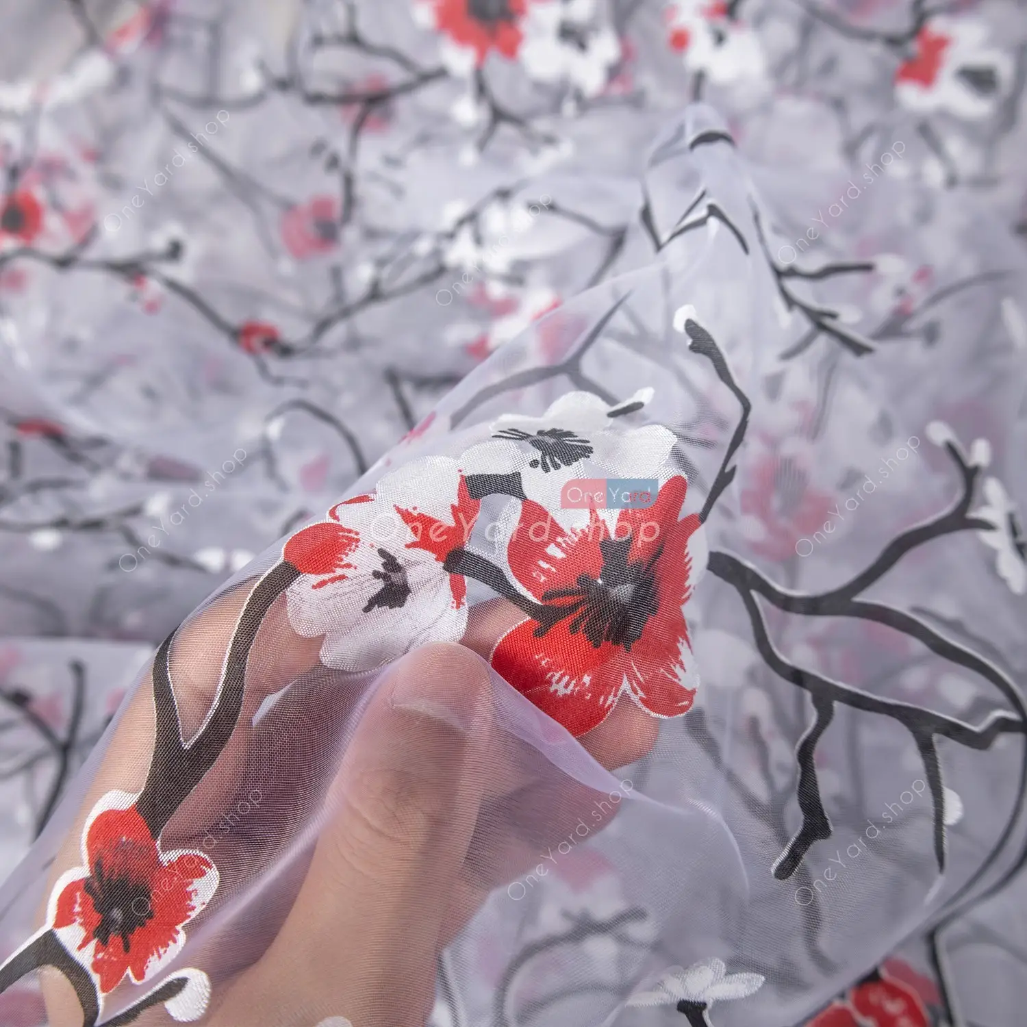 red white flowers with black branches printed sheer organza material