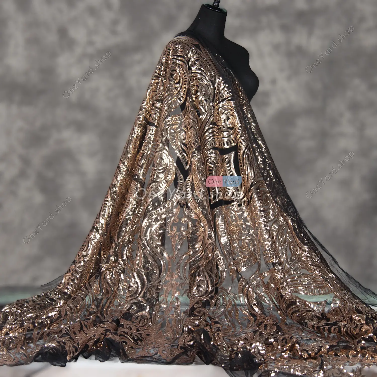 Black Gold Sequin & Beads On Chiffon JEC-018-2 Fabric main image 1