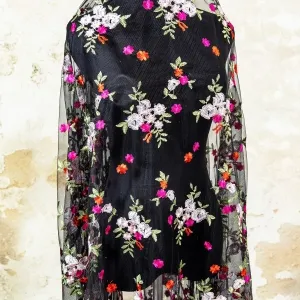 red floral embroidery with black mesh lace fabric for sale