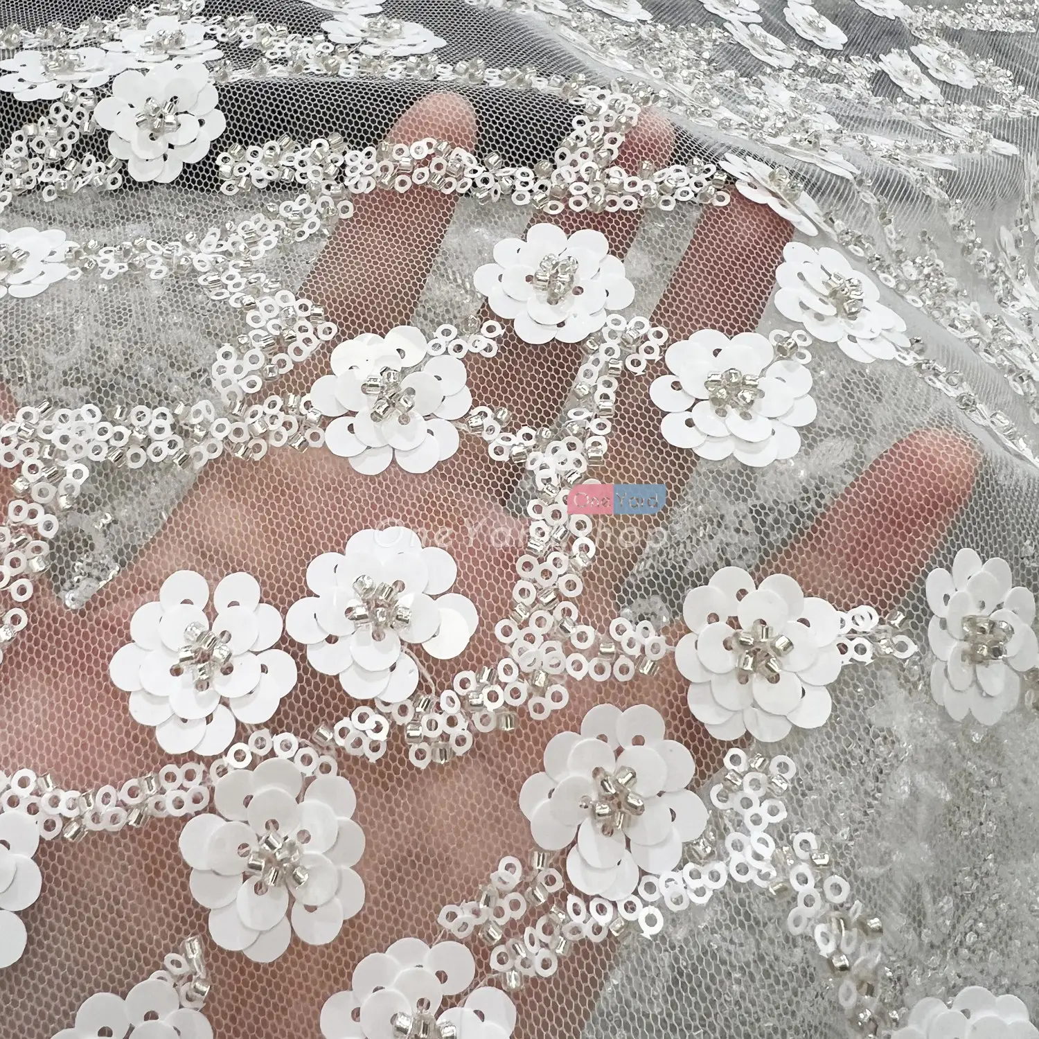 Beaded Sequined White Sequin Tiny Flowers Mesh Fabric OneYard