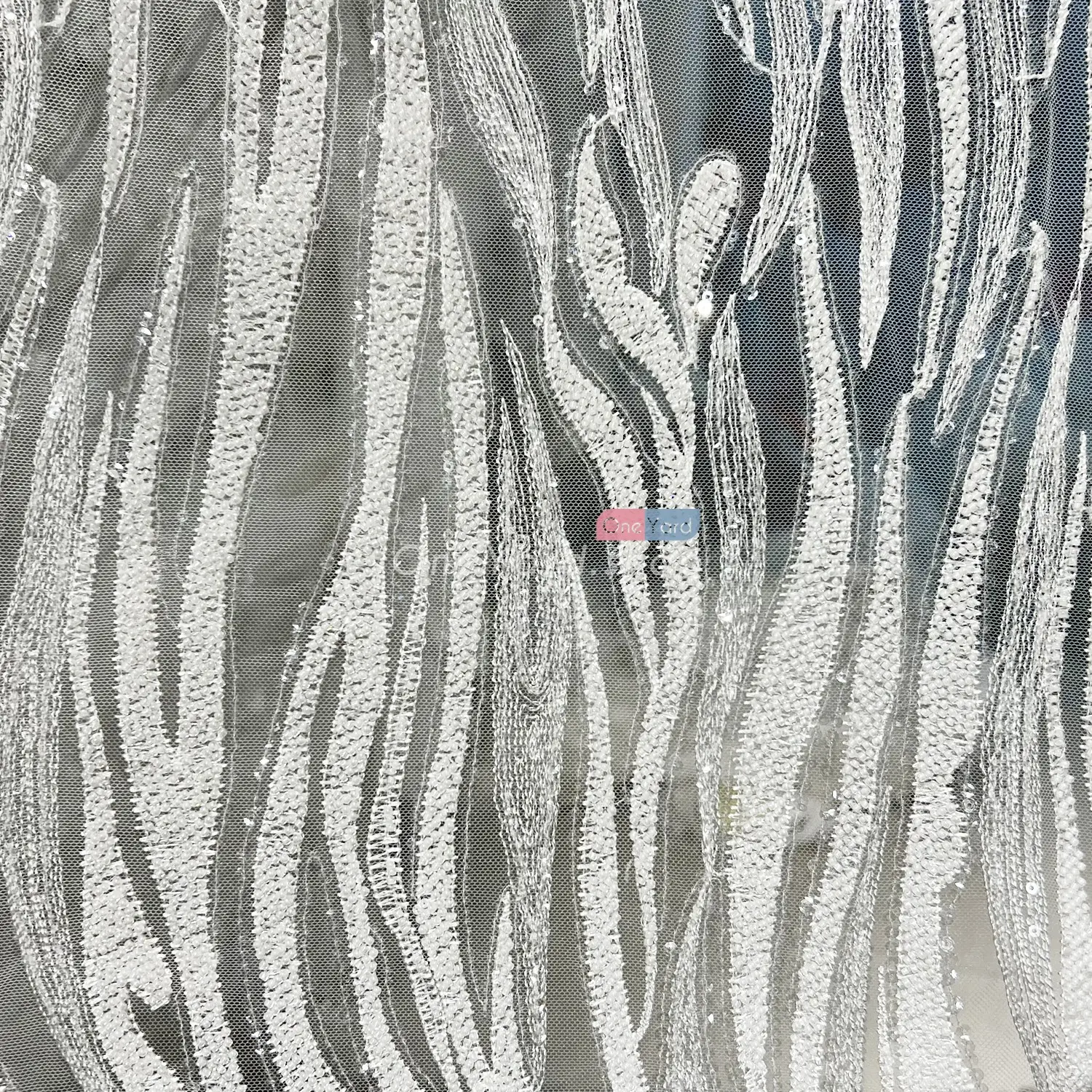 luxury curved stripes white beads fabric