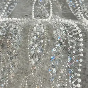 sparkly round sequins tube beads white pearls curved wave pattern material