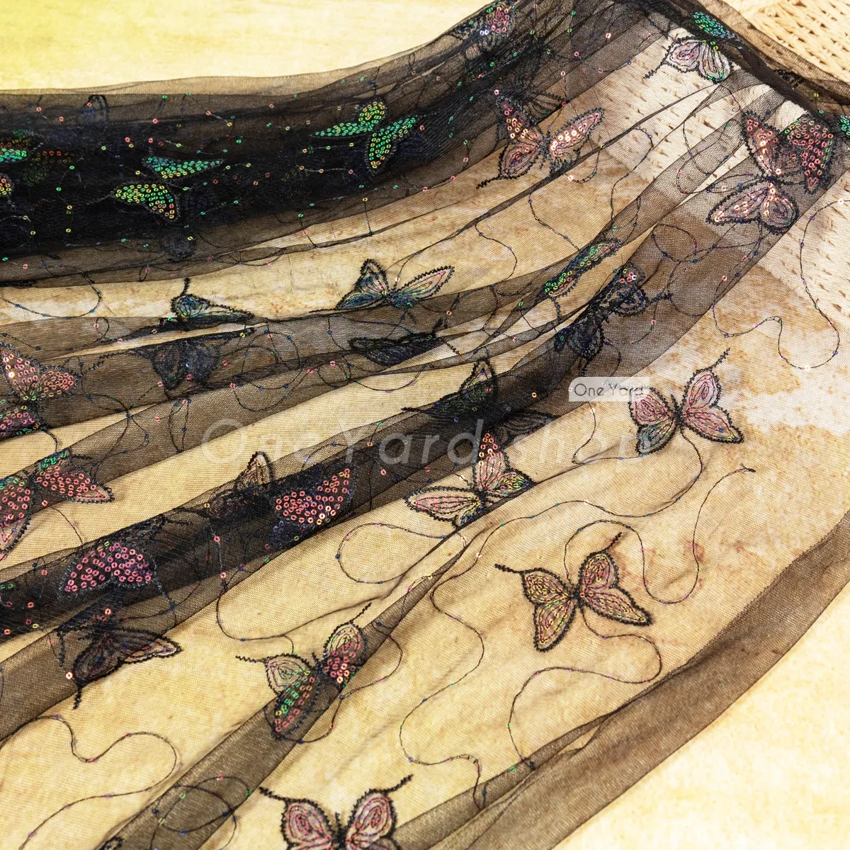 colorful iridescent butterfly black mesh